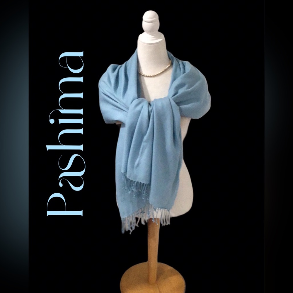 PASHIMA Large Light Blue Fringed Scarf Wrap Made in Nepal